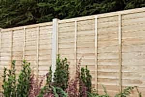 A fence run with Forest 6' x 6' Pressure Treated Lap Fence Panels and plants in front