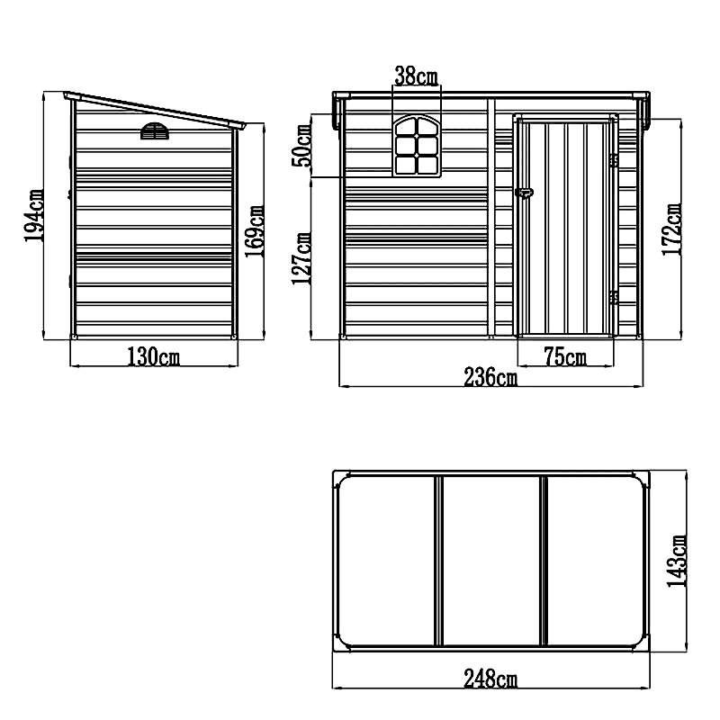 8' x 5' Jasmine Pent Plastic Shed (2.48m x 1.43m) Technical Drawing