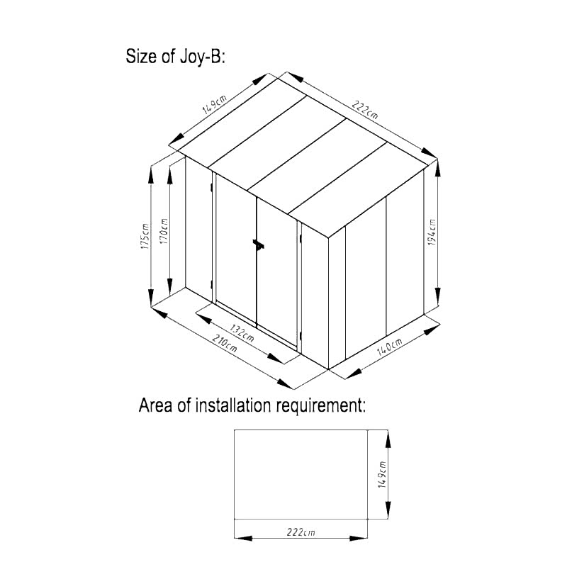 7' x 5' Lotus Phoebe Pent Metal Shed (2.22m x 1.49m) Technical Drawing