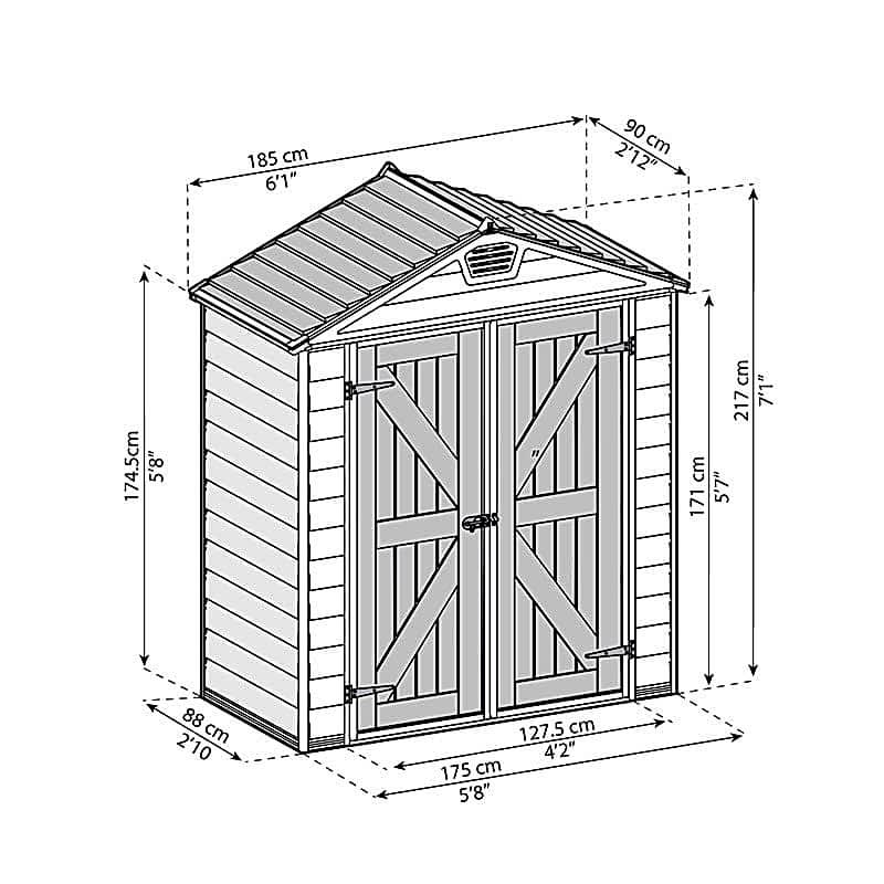 6' x 3' Palram Canopia Tan Skylight Plastic Shed (1.85m x 0.9m) Technical Drawing