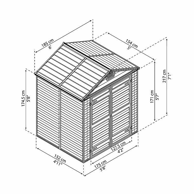 6' x 5' Palram Canopia Dark Green Skylight Plastic Shed (1.85m x 1.54m) Technical Drawing