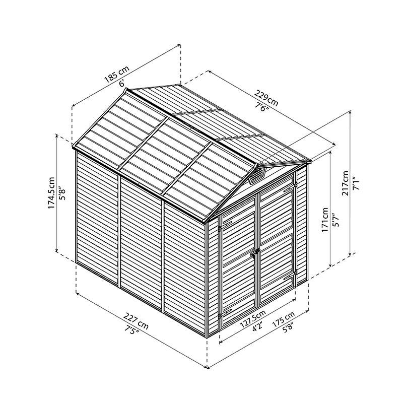 6' x 8' Palram Canopia Dark Green Skylight Plastic Shed (1.85m x 2.29m) Technical Drawing
