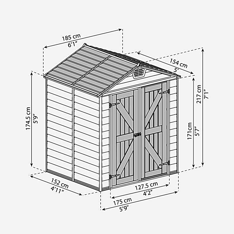 6' x 5' Palram Canopia Tan Skylight Plastic Shed (1.85m x 1.54m) Technical Drawing
