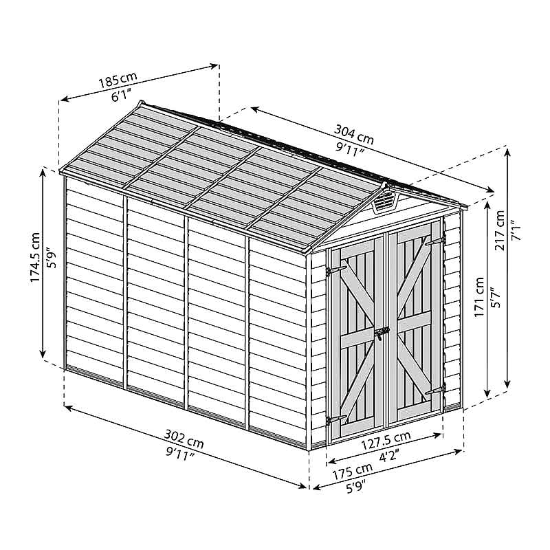 6' x 10' Palram Canopia Tan Skylight Plastic Shed (1.85m x 3m) Technical Drawing