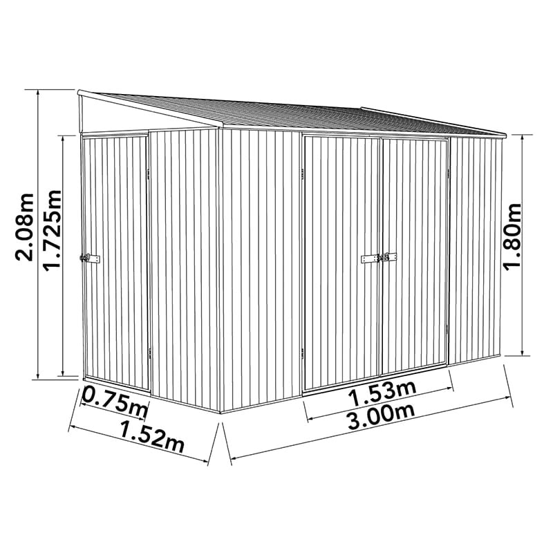 9'11 x 5' Absco Triple Door Metal Bike Shed - Grey (3m x 1.52m) Technical Drawing