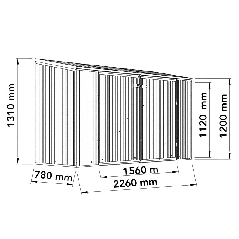 7'5 x 2'7 Absco Double Door Metal Bike Shed - Grey (2.26m x 0.78m) Technical Drawing