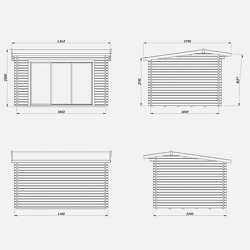 Palmako Ines 4.3m x 3.8m Double Glazed Log Cabin Garden Office Sliding Doors Plus (44mm) Technical Drawing
