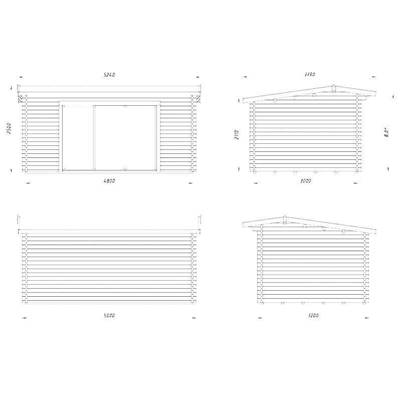 Palmako Ines 5.2m x 3.8m Log Cabin Garden Office Sliding Doors (44mm) Technical Drawing