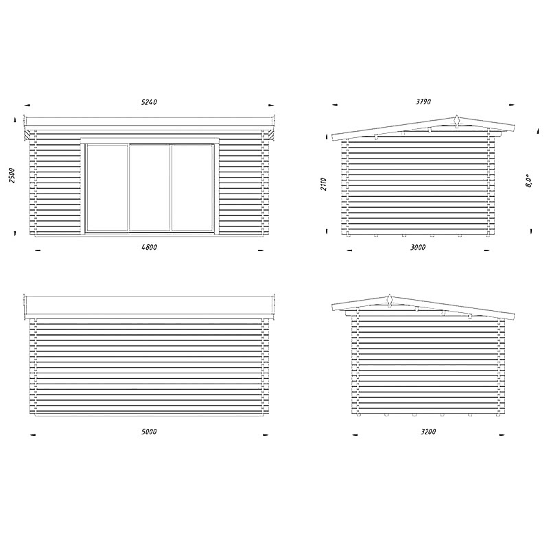 Palmako Ines 5.2m x 3.8m Double Glazed Log Cabin Garden Office Sliding Doors Plus (44mm) Technical Drawing