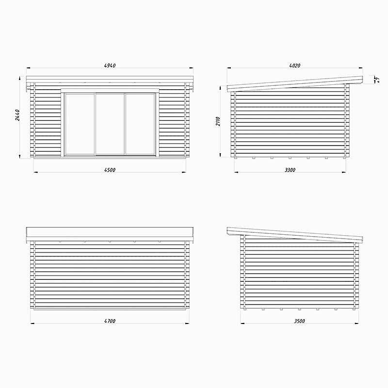 Palmako Lea 4.9m x 4m Double Glazed Log Cabin Garden Office Sliding Doors Plus (44mm) Technical Drawing
