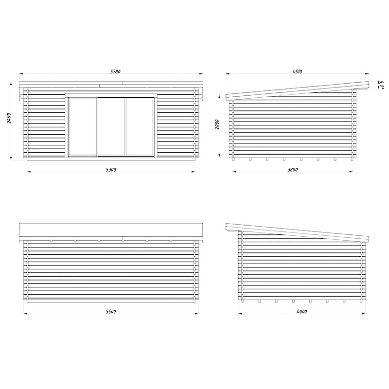 Palmako Lea 5.8m x 4.5m Double Glazed Log Cabin Garden Office Sliding Doors Plus (44mm) Technical Drawing
