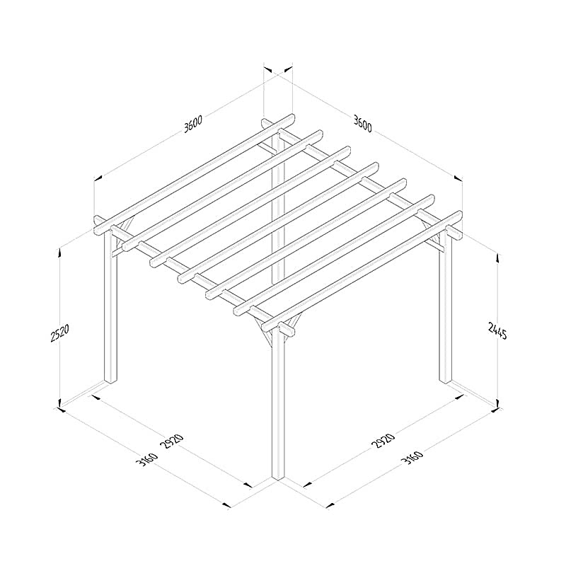 12' x 12' Forest Premium Ultima Large Wooden Garden Pergola (3.6m x 3.6m) Technical Drawing