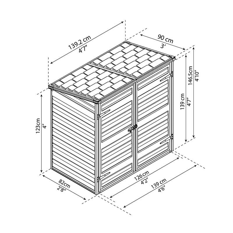5' x 3' Palram Canopia Dark Grey Voyager Shed (1.39m x 0.9m) Technical Drawing