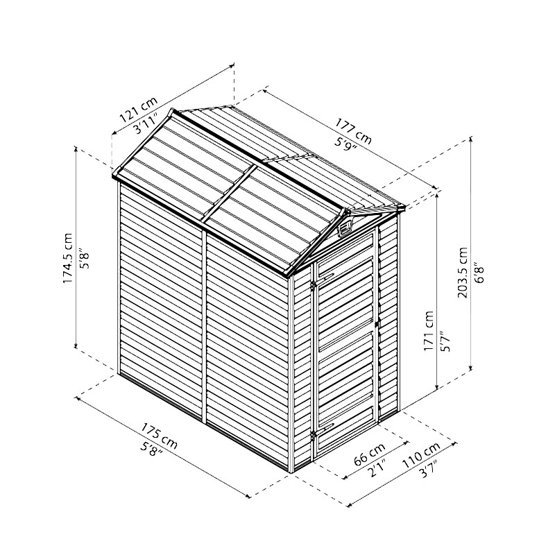 4' x 6' Palram Canopia Grey Skylight Plastic Shed (1.21m x 1.77m) Technical Drawing