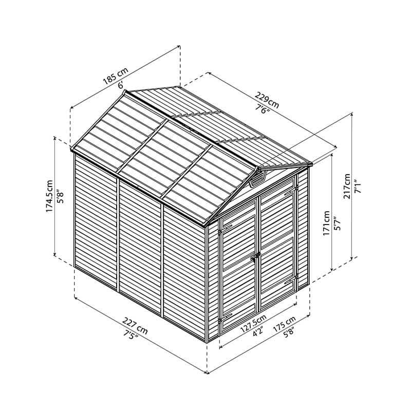 6' x 8' Palram Canopia Grey Skylight Plastic Shed (1.85m x 2.29m) Technical Drawing