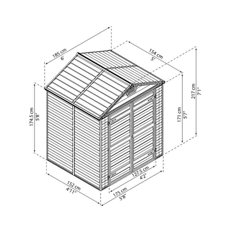 6' x 5' Palram Canopia Grey Skylight Plastic Shed (1.85m x 1.54m) Technical Drawing