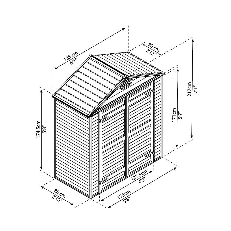 6' x 3' Palram Canopia Grey Skylight Plastic Shed (1.85m x 0.9m) Technical Drawing