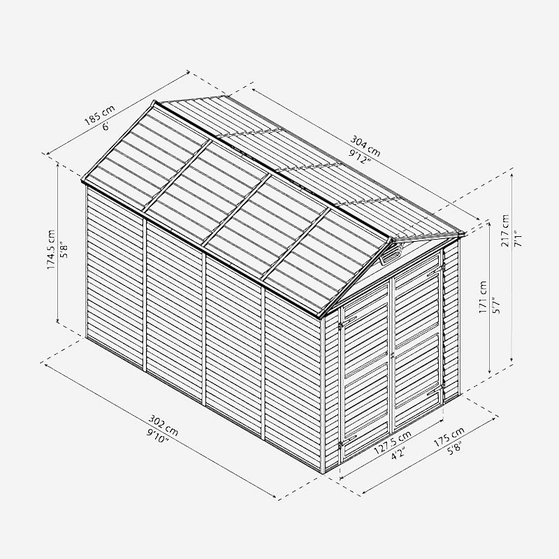 6' x 10' Palram Canopia Grey Skylight Plastic Shed (1.85m x 3.04m) Technical Drawing
