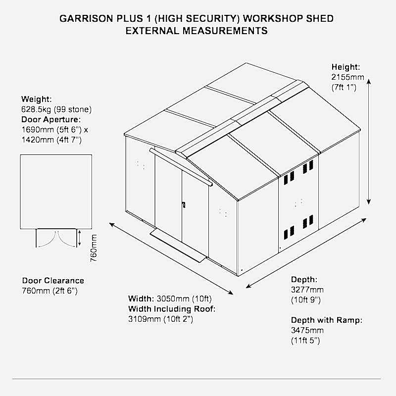 10' x 11' Asgard Garrison Plus Police Preferred Metal Garden Workshop Shed - Installation Included (3.11m x 3.48m) Technical Drawing