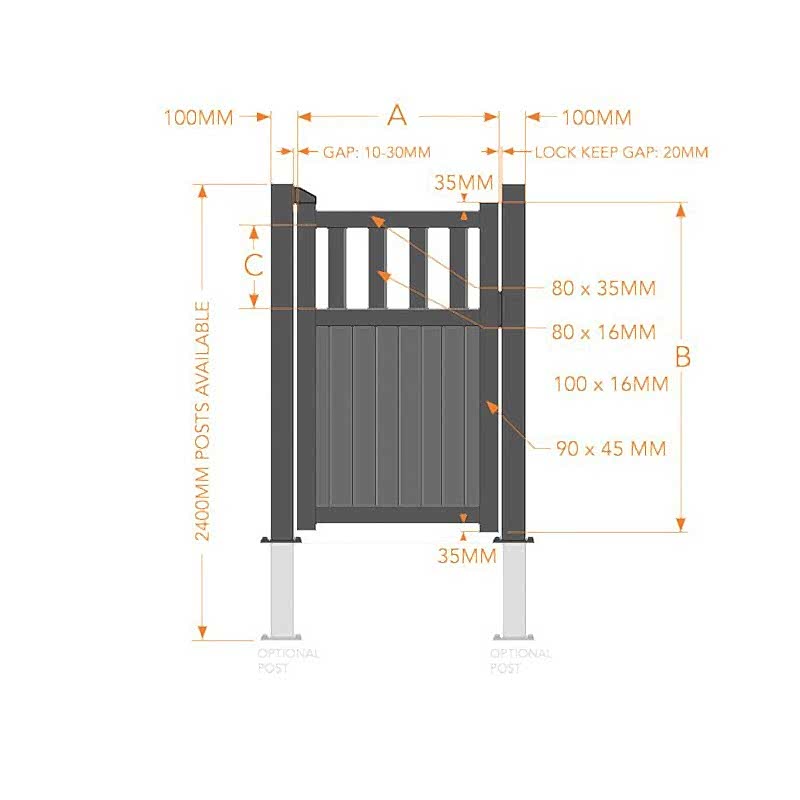 Partial Privacy Premium Metal Side Gate - Black Technical Drawing