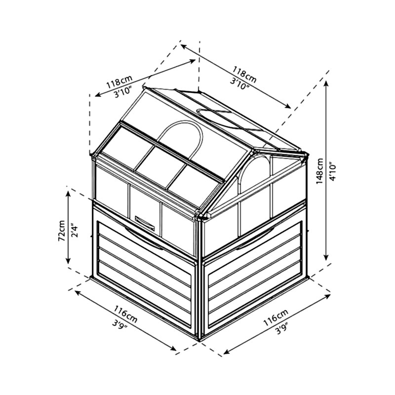 4' x 4' Palram Canopia Plant Inn Raised Bed Small Mini Greenhouse (1.18m x 1.18m) Technical Drawing