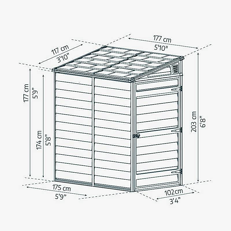 4' x 6' Palram Canopia Grey Skylight Pent Plastic Shed (1.17m x 1.77m) Technical Drawing