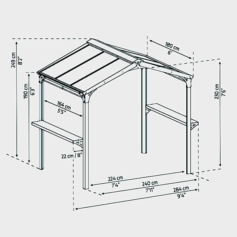 8' x 6' Palram Canopia Austin 2400 BBQ Shelter Gazebo - Black (2.84m x 1.8m) Technical Drawing