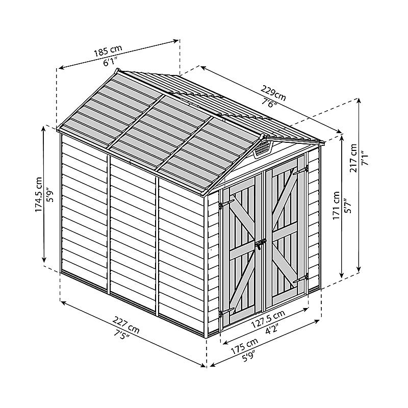 6' x 8' Palram Canopia Tan Skylight Plastic Shed (1.85m x 2.29m) Technical Drawing