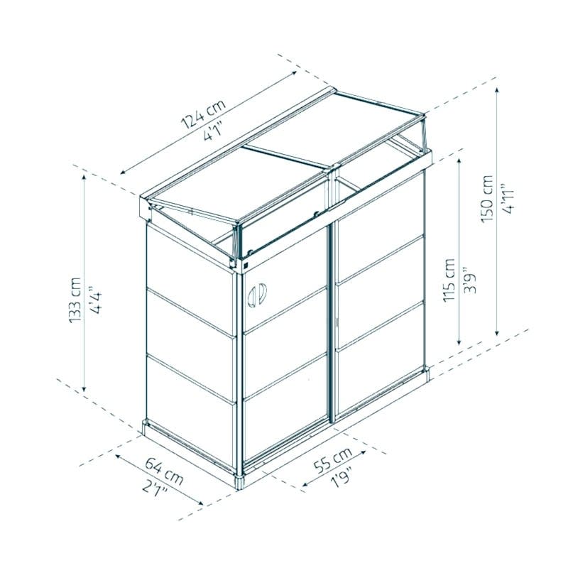 4' x 2' Palram Canopia Ivy Polycarbonate Mini Greenhouse - Black (1.24m x 0.64m) Technical Drawing