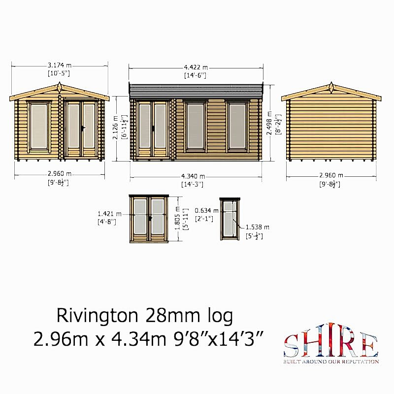 Shire Rivington 4.3m x 3m Corner Log Cabin (28mm) Technical Drawing