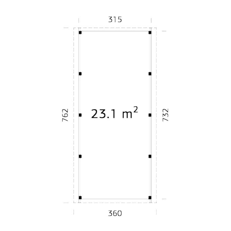 12' x 25' Palmako Karl Wooden Carport (3.6m x 7.6m) Technical Drawing
