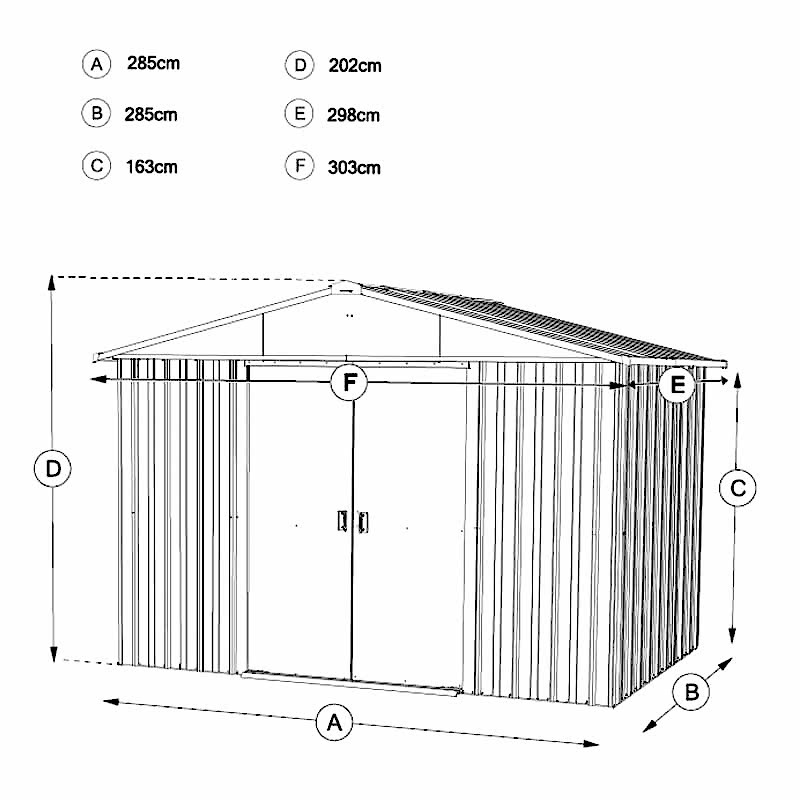 10' x 10' Yardmaster Castleton Anthracite Metal Shed (3.03m x 2.98m) Technical Drawing