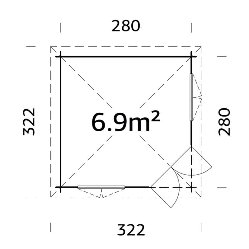 Palmako Melanie 2.8m x 2.8m Corner Log Cabin Summerhouse (28mm) Technical Drawing