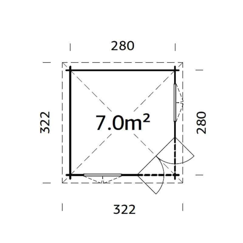 Palmako Melanie 2.8m x 2.8m Corner Log Cabin Summerhouse (44mm) Technical Drawing