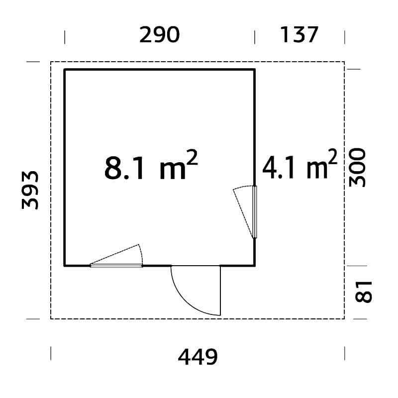 Palmako Grace 4.5m x 3.9m Pent Log Cabin (56mm) Technical Drawing