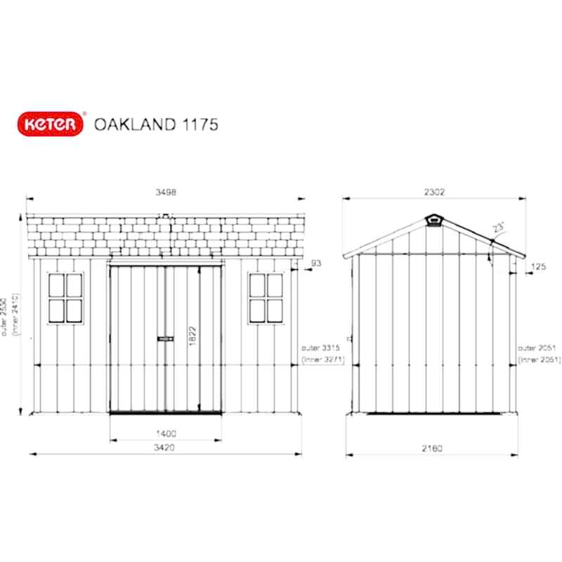 11' x 7' Keter Oakland Plastic Garden Shed (3.5 x 2.29m) Technical Drawing