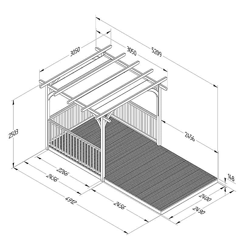 8' x 16' Forest Pergola Deck Kit with Retractable Canopy No. 9 (2.4m x 4.8m) Technical Drawing