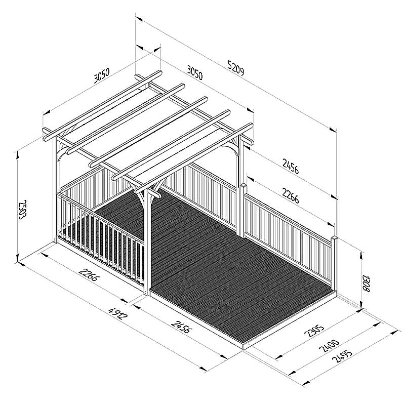 8' x 16' Forest Pergola Deck Kit with Retractable Canopy No. 10 (2.4m x 4.8m) Technical Drawing