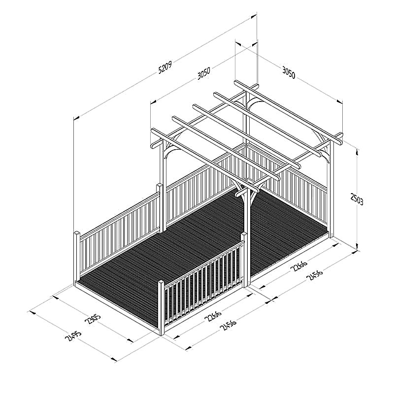 8' x 16' Forest Pergola Deck Kit with Retractable Canopy No. 11 (2.4m x 4.8m) Technical Drawing