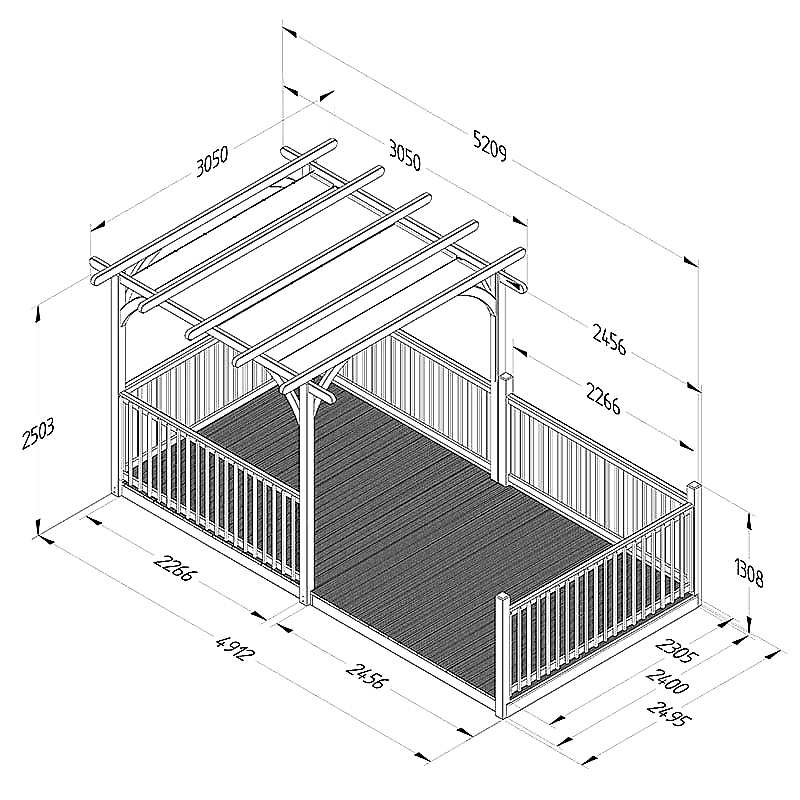 8' x 16' Forest Pergola Deck Kit with Retractable Canopy No. 12 (2.4m x 4.8m) Technical Drawing