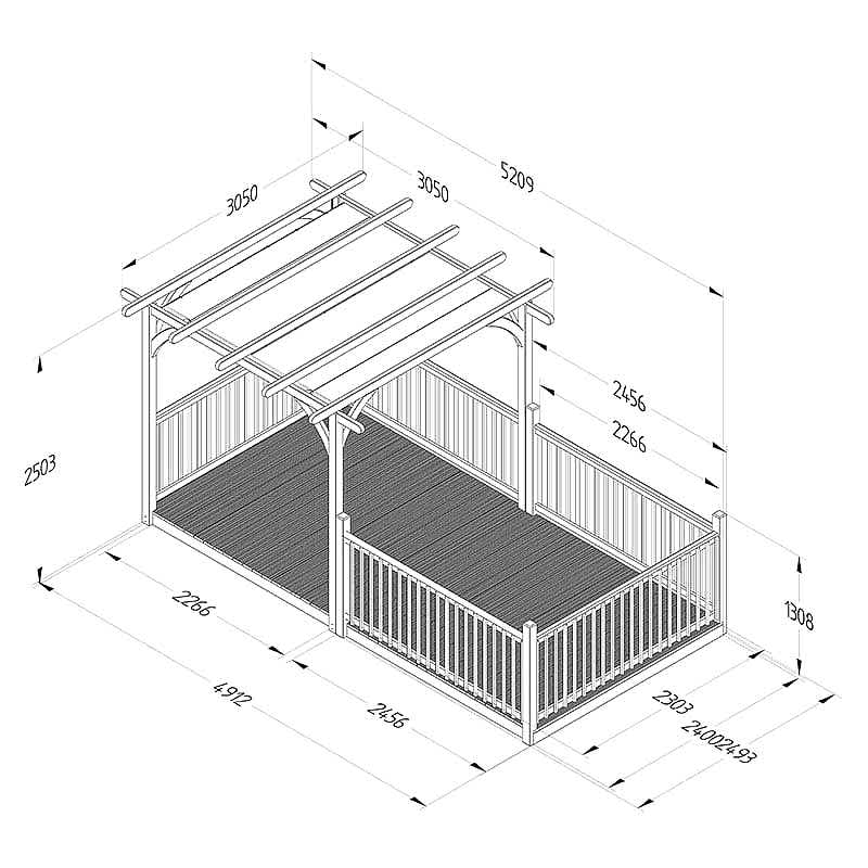 8' x 16' Forest Pergola Deck Kit with Retractable Canopy No. 13 (2.4m x 4.8m) Technical Drawing