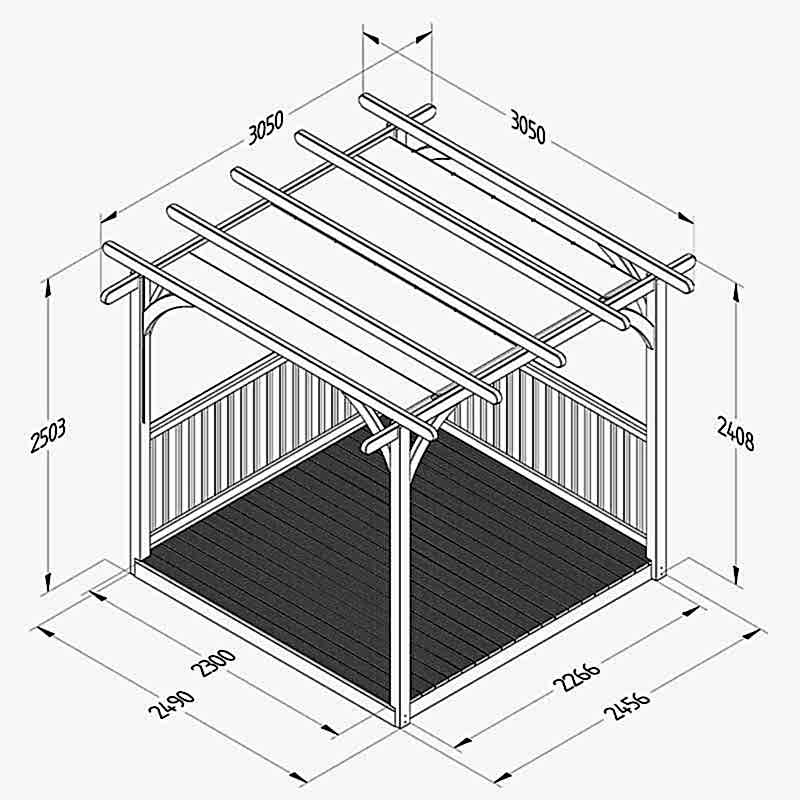 8' x 8' Forest Small Pergola Deck Kit with Retractable Canopy (2.4m x 2.4m) Technical Drawing