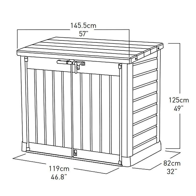 5' x 3' Keter Hideaway Large 1200L Plastic Storage Unit/ Wheelie Bin Store (1.46m x 0.82m) Technical Drawing