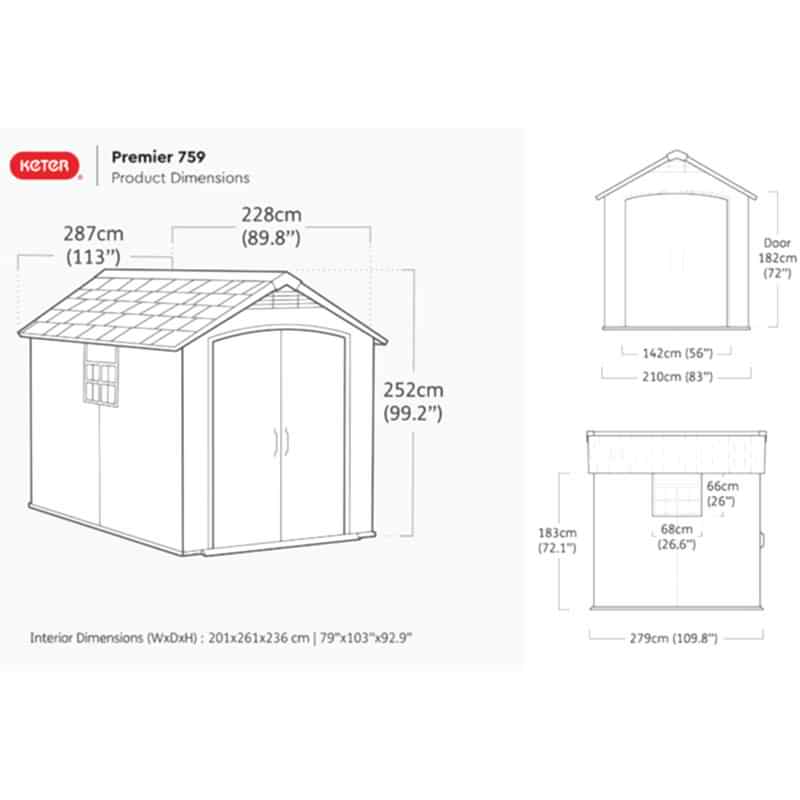 7' x 9' Keter Premier Plastic Garden Shed (2.28m x 2.87m) Technical Drawing