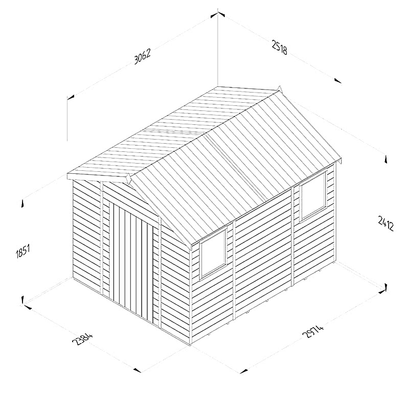 10' x 8' Forest Timberdale 25yr Guarantee Tongue & Groove Pressure Treated Apex Shed (3.06m x 2.52m) Technical Drawing
