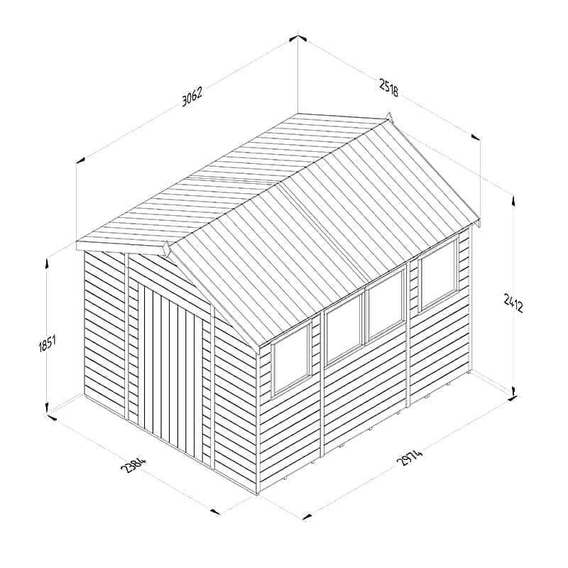 10' x 8' Forest Timberdale 25yr Guarantee Tongue & Groove Pressure Treated Apex Shed – 4 Windows (3.06m x 2.52m) Technical Drawing