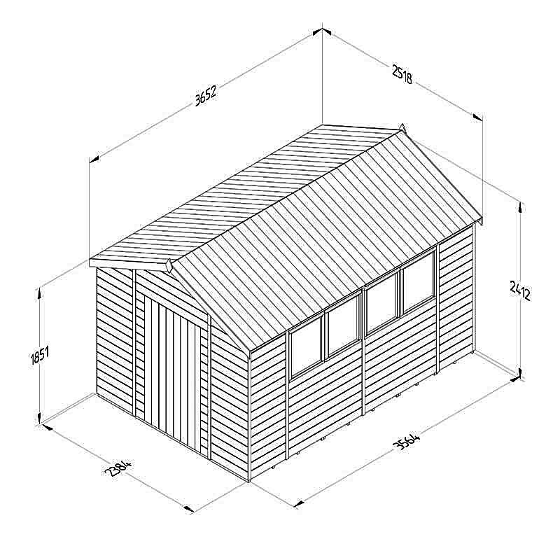 12' x 8' Forest Timberdale 25yr Guarantee Tongue & Groove Pressure Treated Apex Shed – 4 Windows (3.65m x 2.52m) Technical Drawing