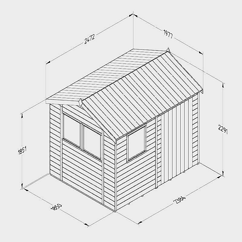 8' x 6' Forest Timberdale 25yr Guarantee Tongue & Groove Pressure Treated Apex Shed – 3 Windows (2.5m x 1.98m) Technical Drawing