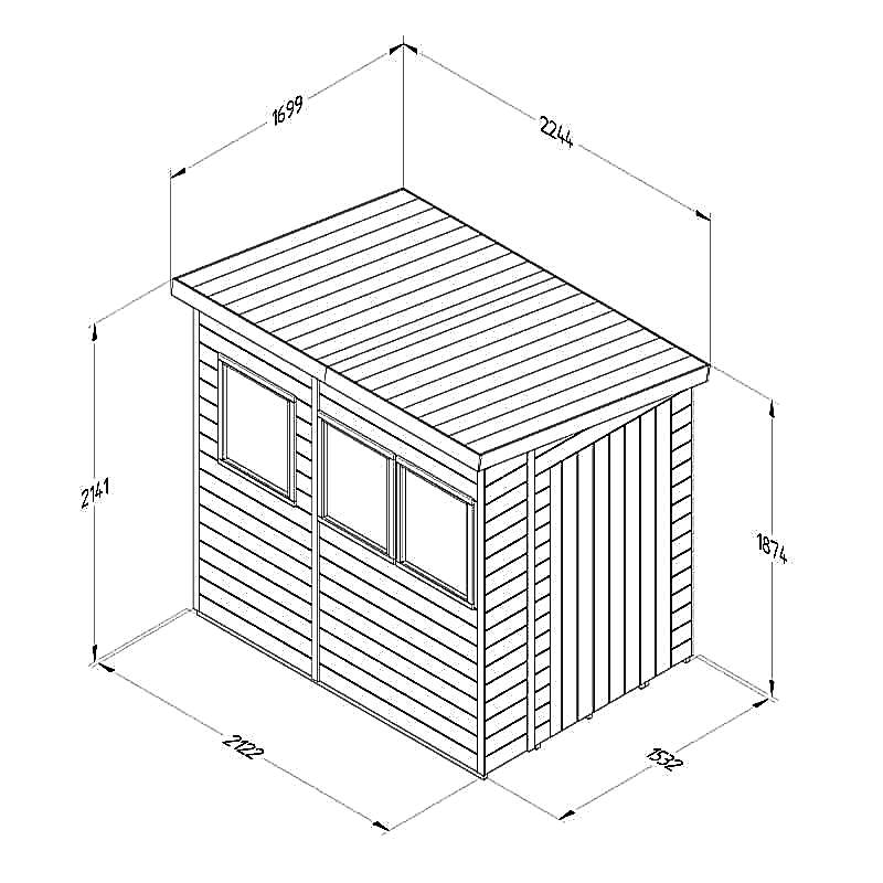 7' x 5' Forest Timberdale 25yr Guarantee Tongue & Groove Pressure Treated Pent Shed – 3 Windows (2.24m x 1.70m) Technical Drawing