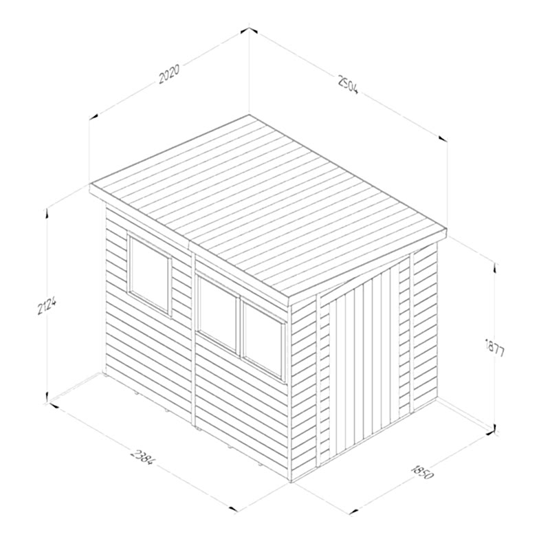 8' x 6' Forest Timberdale 25yr Guarantee Tongue & Groove Pressure Treated Pent Shed – 3 Windows (2.5m x 2m) Technical Drawing
